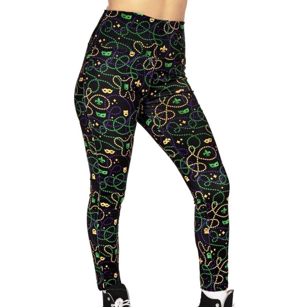 Tipsy Elves Mardi Gras Leggings, Non See-Through Mid Waisted Size Large *READ..